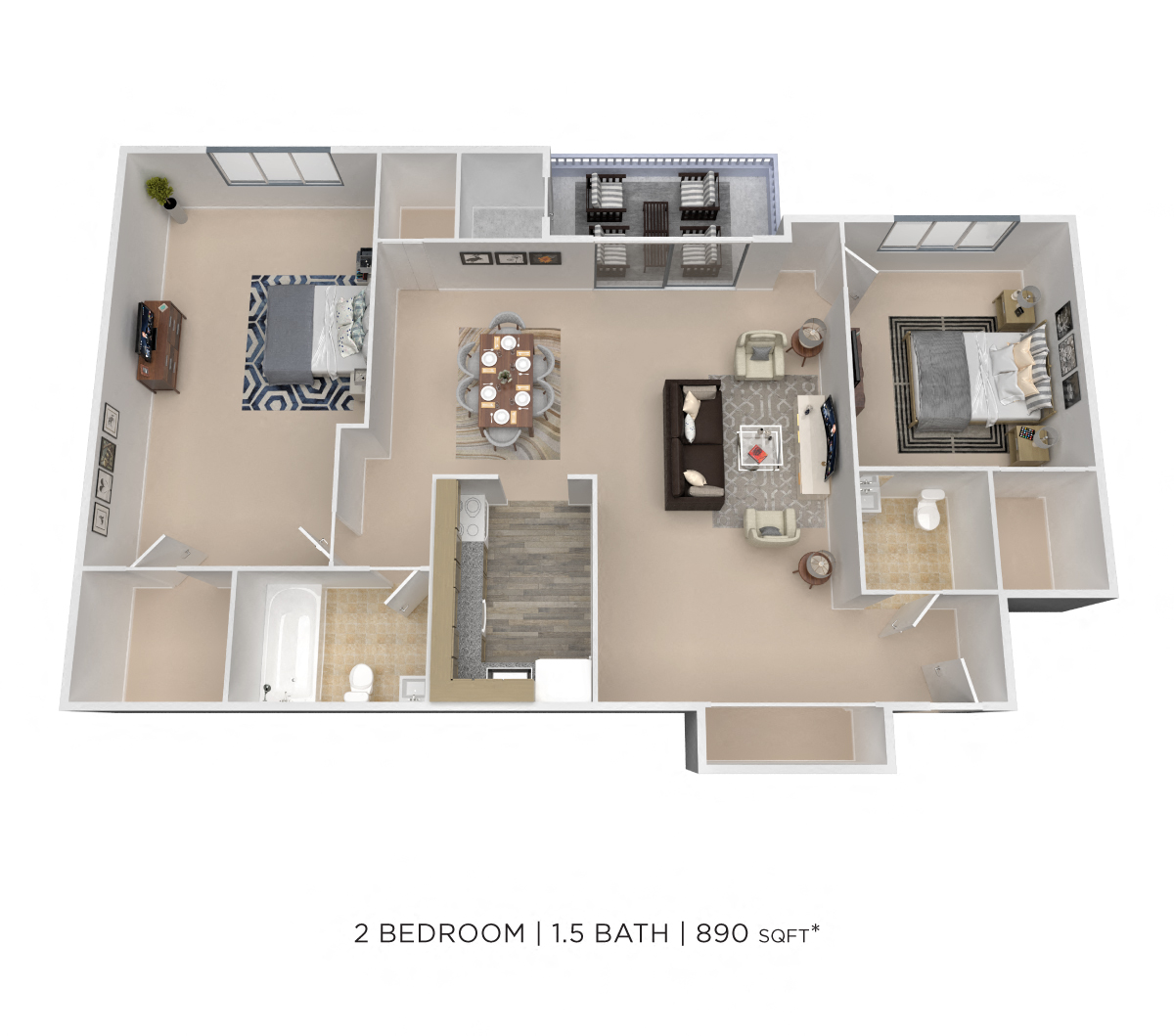 Floor plan for 2 beds, 1.5 baths, 890 sqft