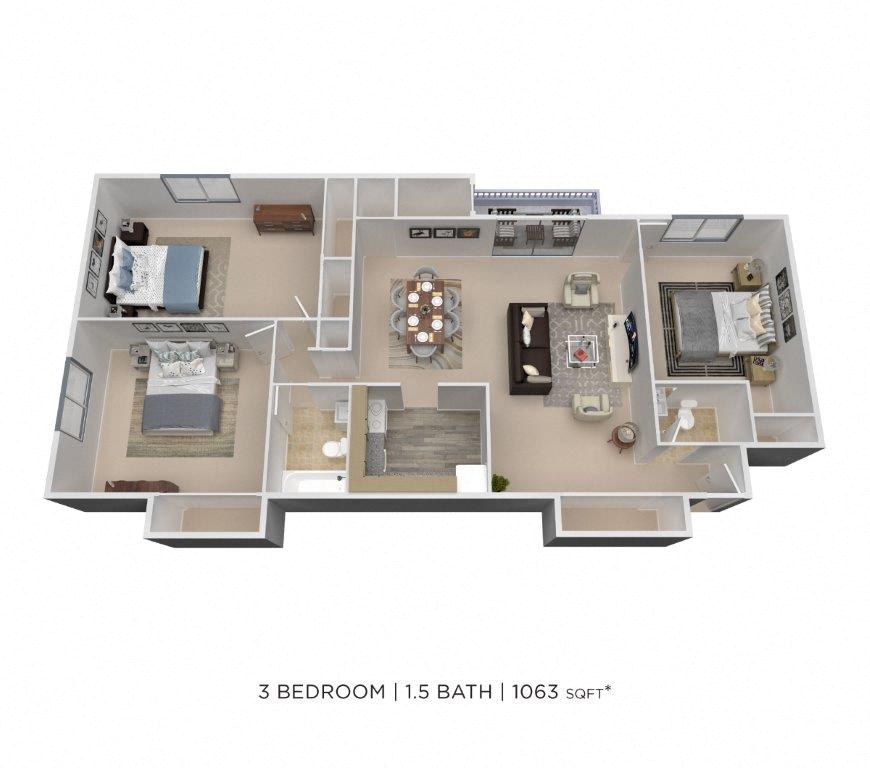 Floor plan for 3 beds, 1.5 baths, 1063 sqft