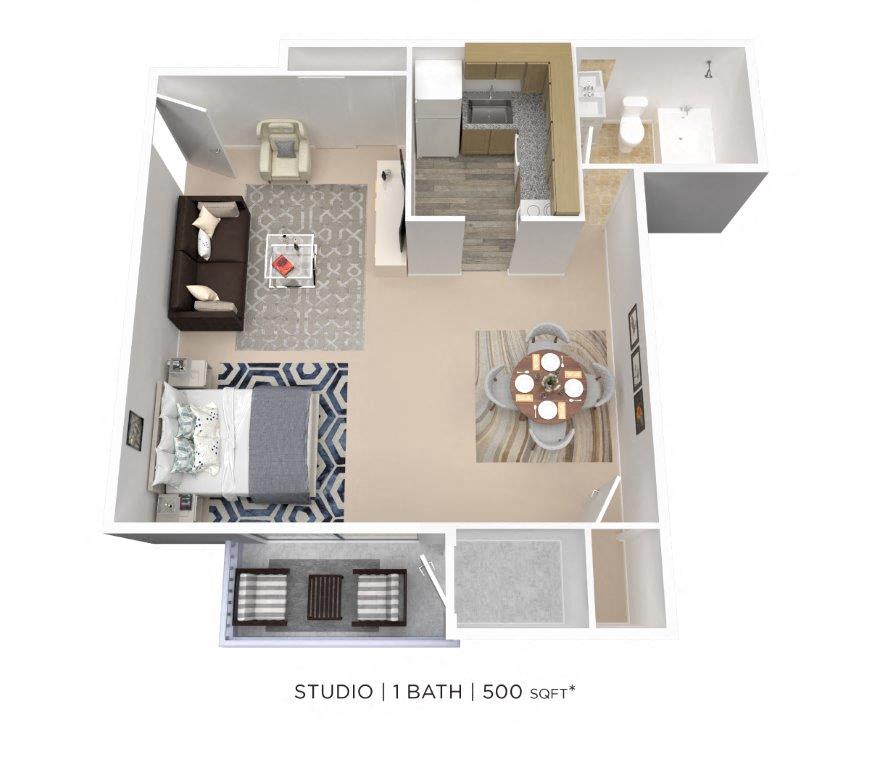 Floor plan for studio, 1 bath, 500 sqft