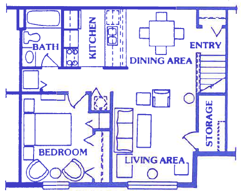 Floor plan for 1 bed, 1 bath, 634 sqft