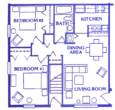 Floor plan for 2 beds, 1 bath, 776 sqft