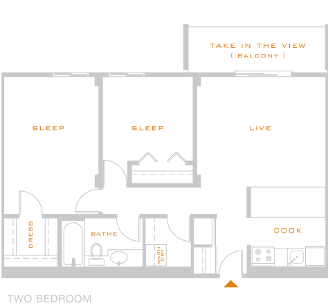 Floor plan for 2 beds, 1 bath, 735 sqft