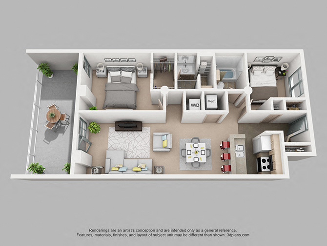 Floor plan for 2 beds, 2 baths, 1073 sqft