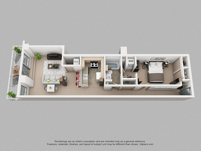 Floor plan for 1 bed, 1 bath, 715 sqft