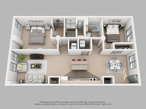 Floor plan for 2 beds, 1 bath, 934 sqft