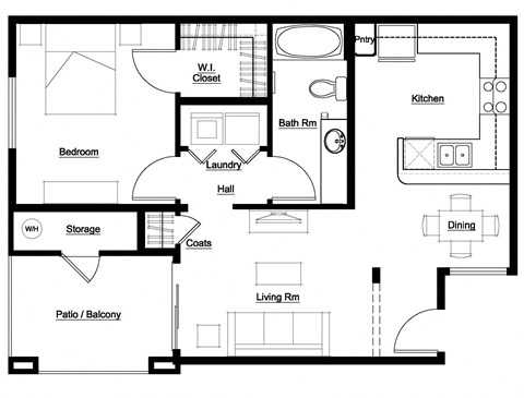 Floor plan for 1 bed, 1 bath, 649 sqft