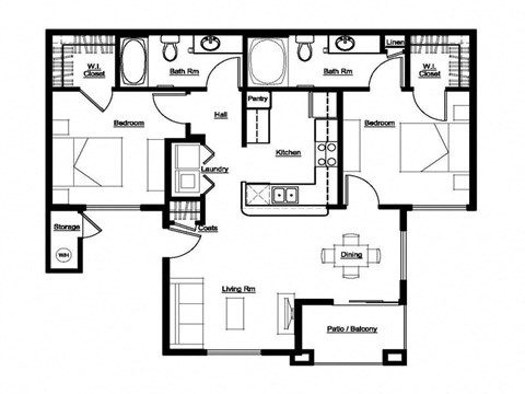 Floor plan for 2 beds, 2 baths, 905 sqft