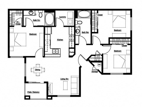 Floor plan for 3 beds, 2 baths, 1177 sqft