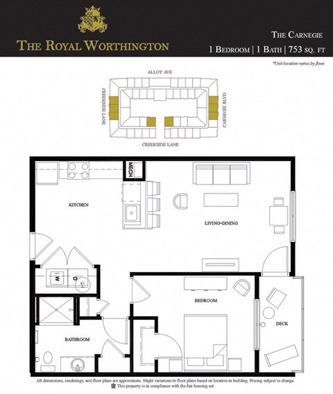 Floor plan for 1 bed, 1 bath, 753 sqft