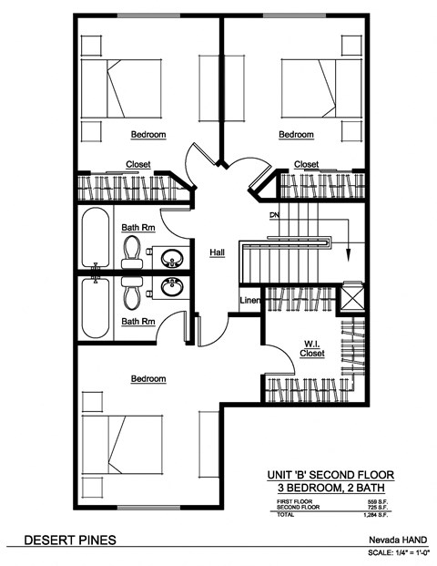 Floor plan for 3 beds, 2 baths, 1284 sqft