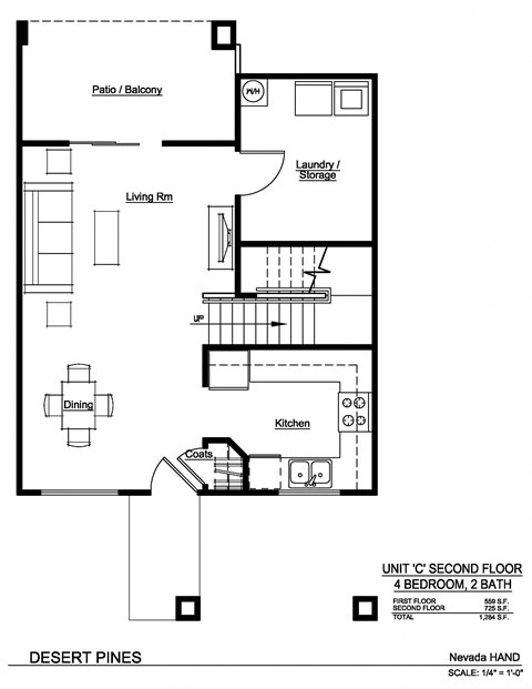 Floor plan for 4 beds, 2 baths, 1375 sqft