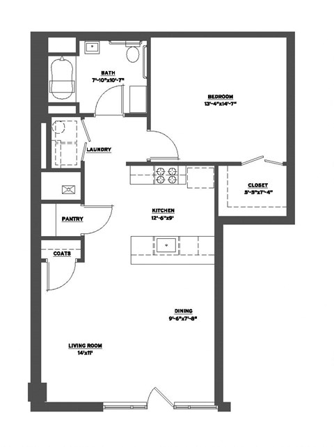 Floor plan for 1 bed, 1 bath, 872 sqft
