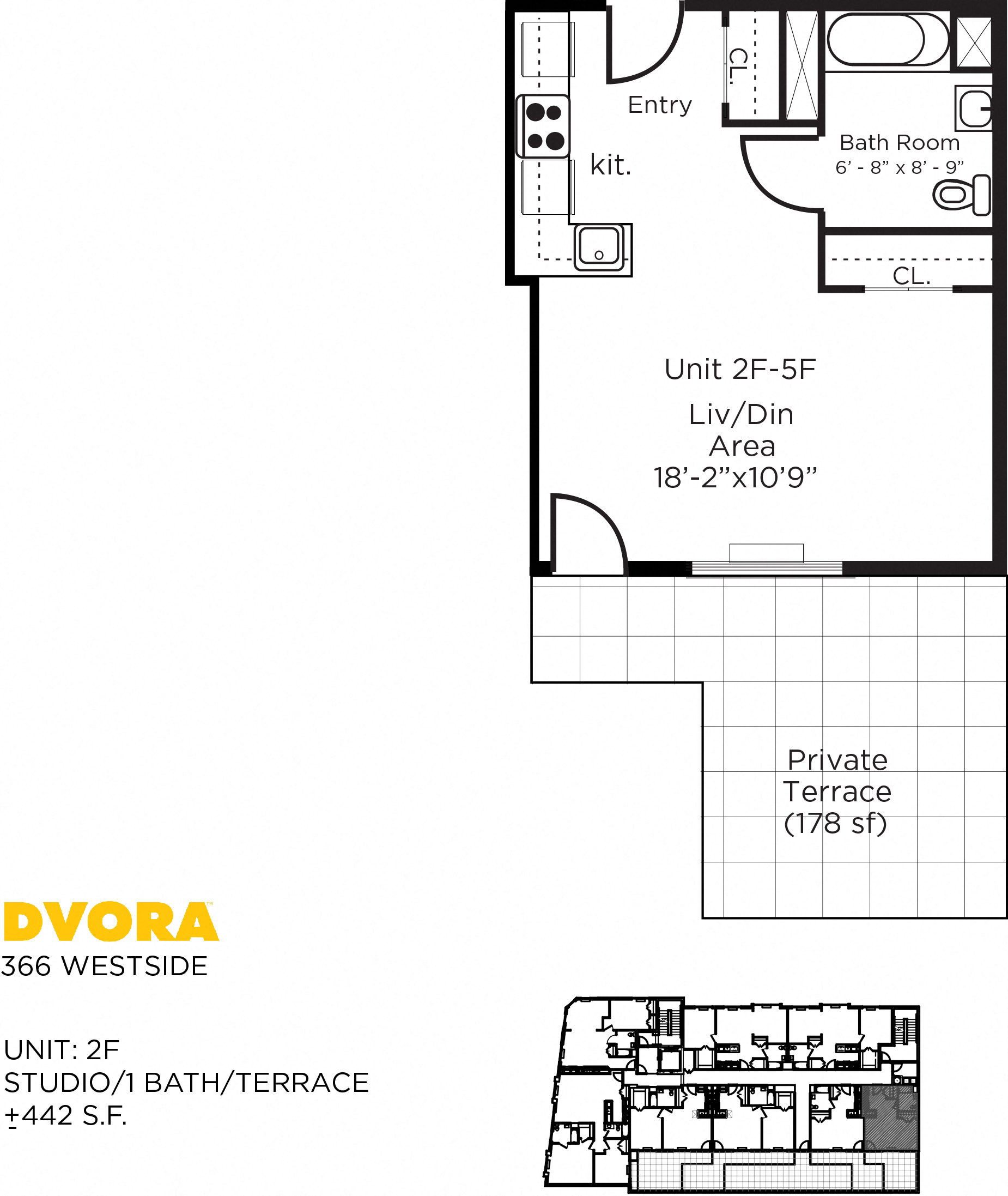 Floor plan for studio, 1 bath, 442 sqft