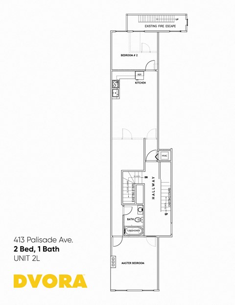 Floor plan for 2 beds, 1 bath, 679 sqft