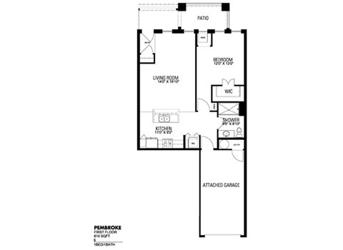 Floor plan for 1 bed, 1 bath, 810 sqft
