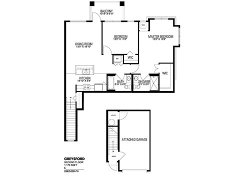 Floor plan for 2 beds, 2 baths, 1173 sqft