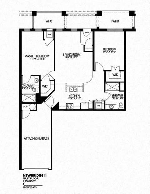 Floor plan for 2 beds, 2 baths, 1136 sqft