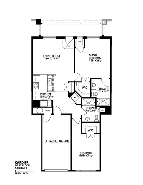 Floor plan for 2 beds, 2 baths, 1193 sqft