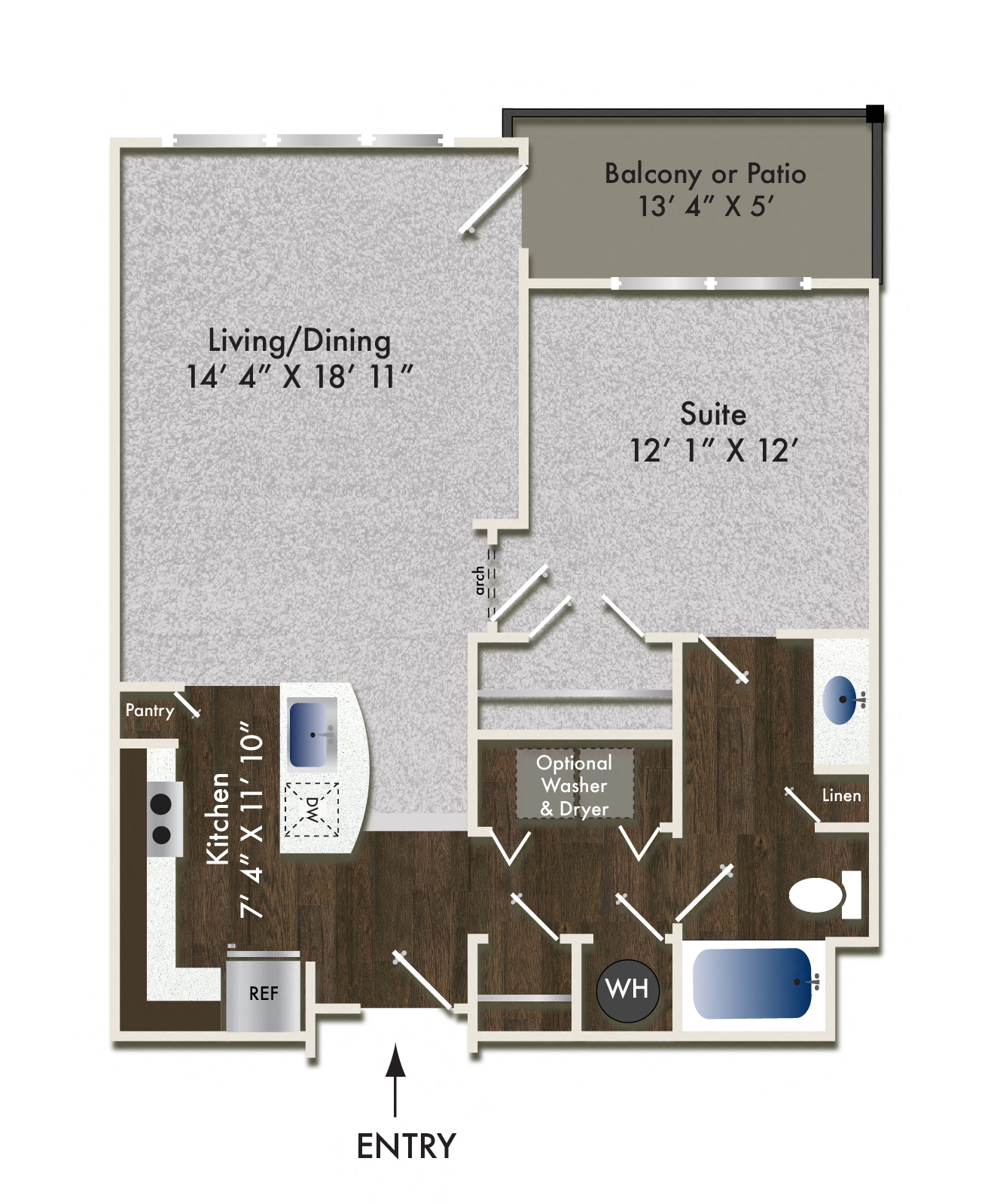 Floor plan for 1 bed, 1 bath, 745 sqft