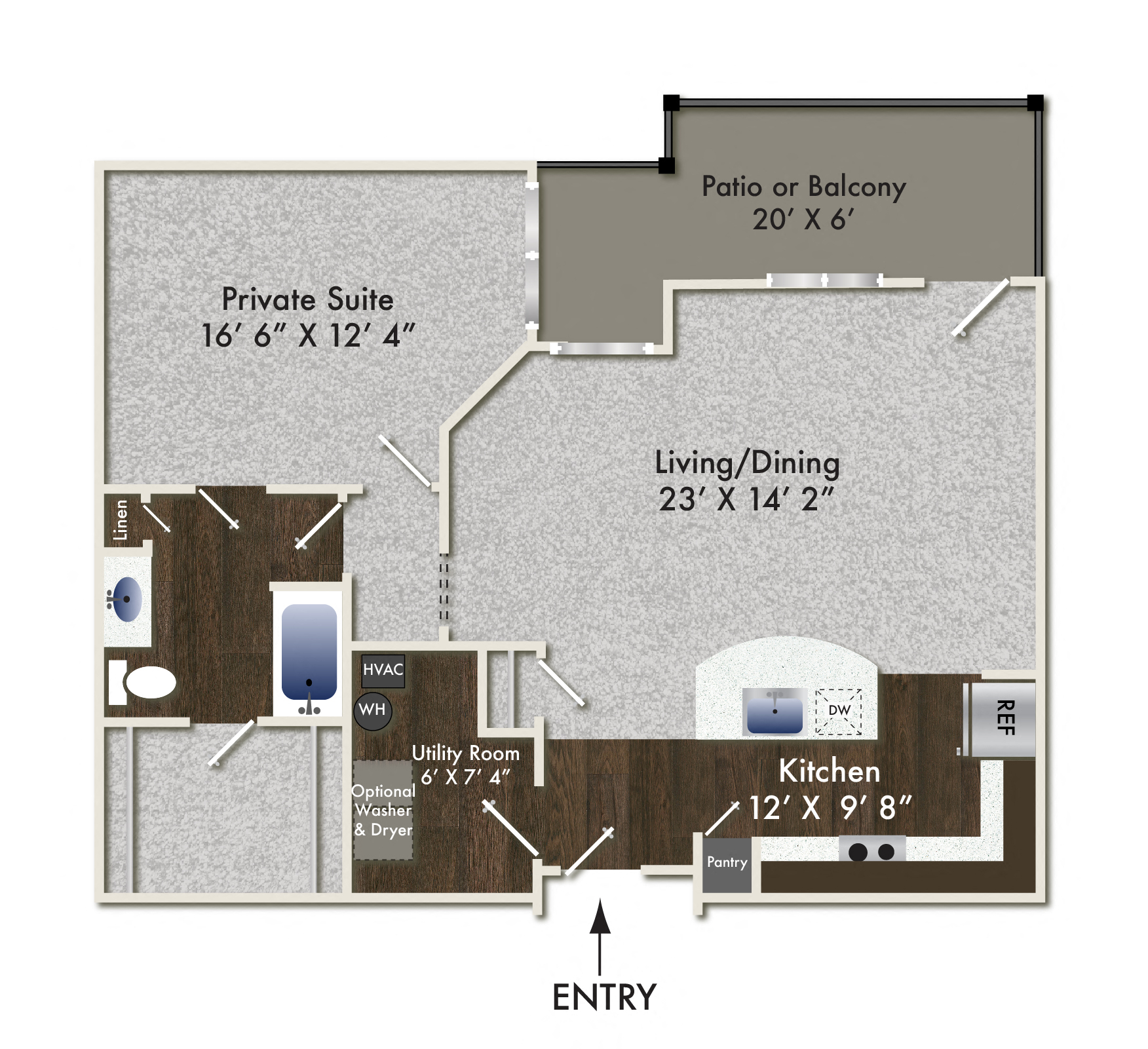 Floor plan for 1 bed, 1 bath, 928 sqft