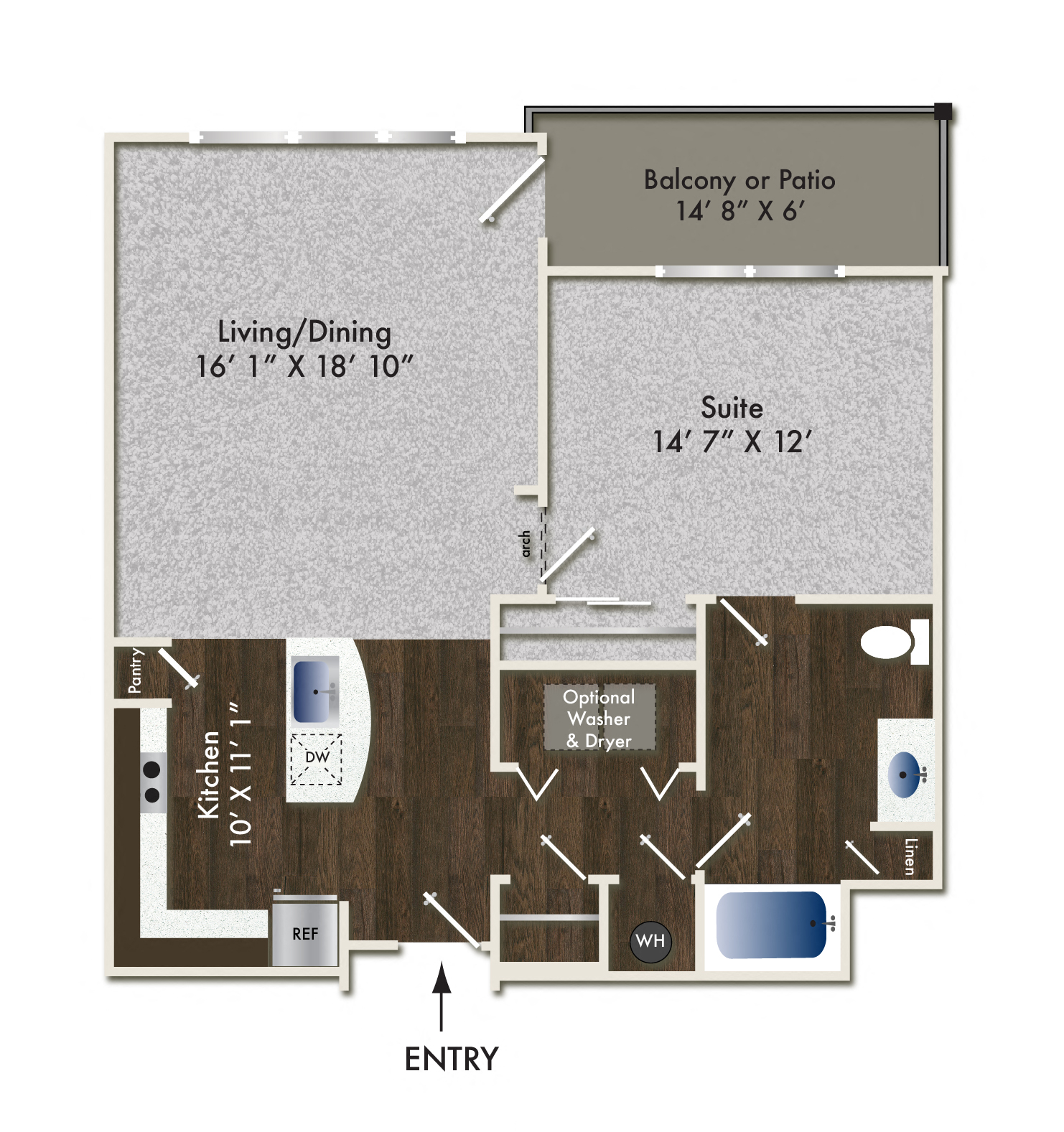 Floor plan for 1 bed, 1 bath, 871 sqft