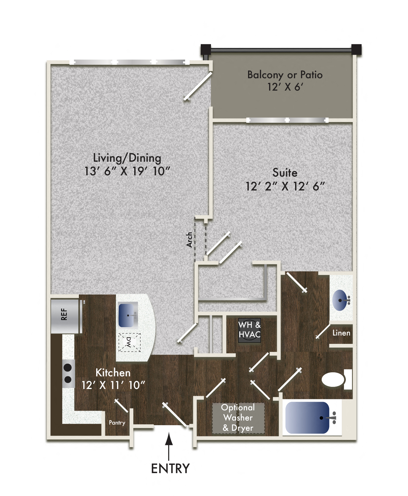 Floor plan for 1 bed, 1 bath, 751 sqft