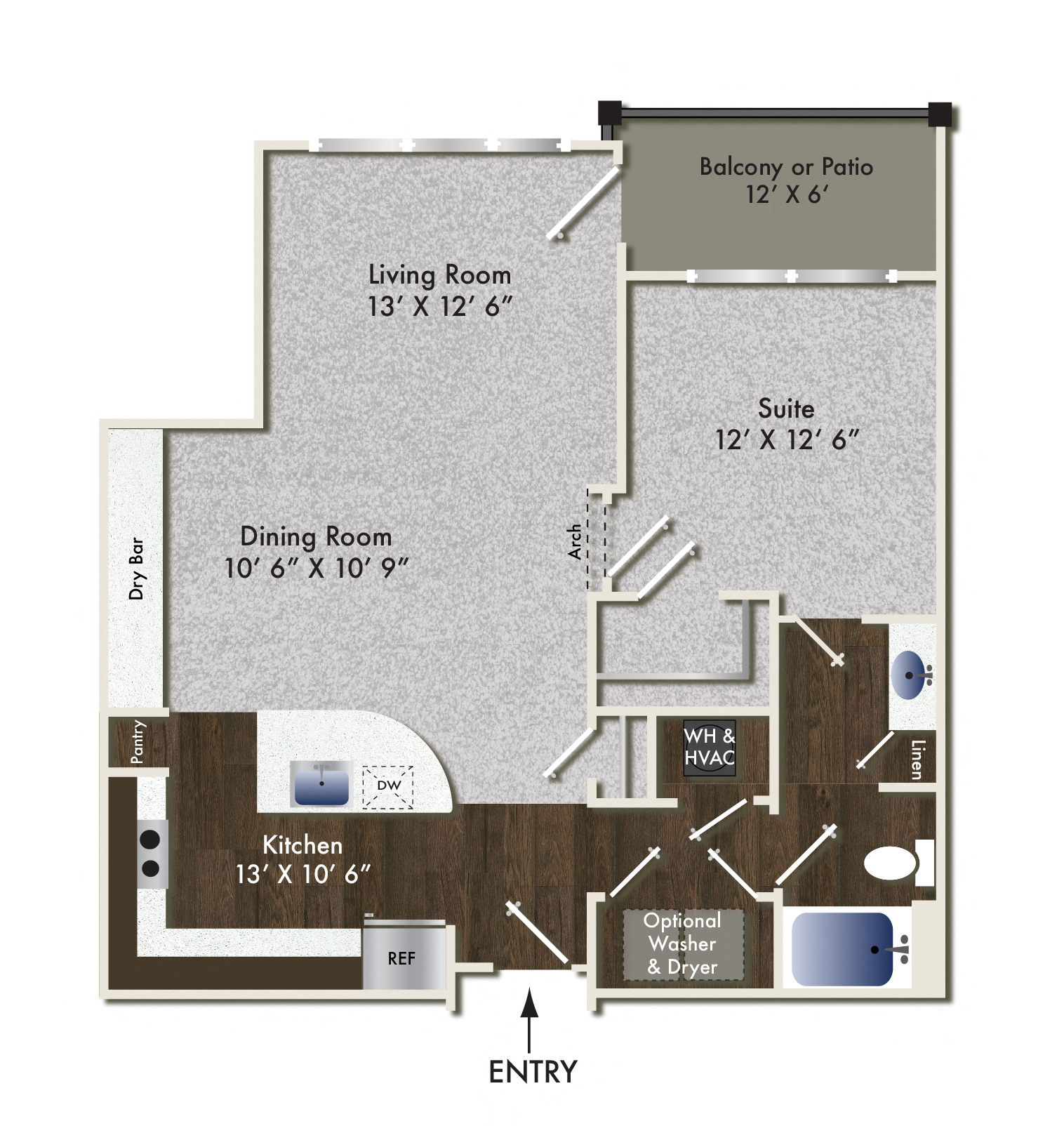Floor plan for 1 bed, 1 bath, 877 sqft