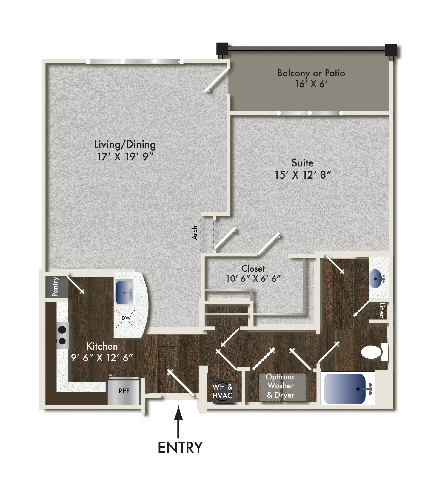 Floor plan for 1 bed, 1 bath, 940 sqft