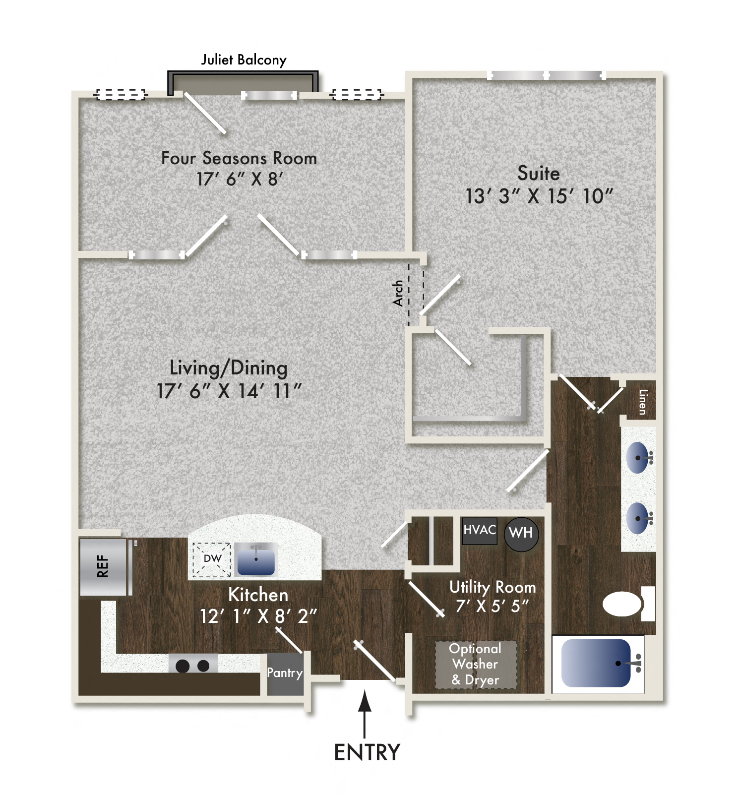 Floor plan for 1 bed, 1 bath, 1000 sqft