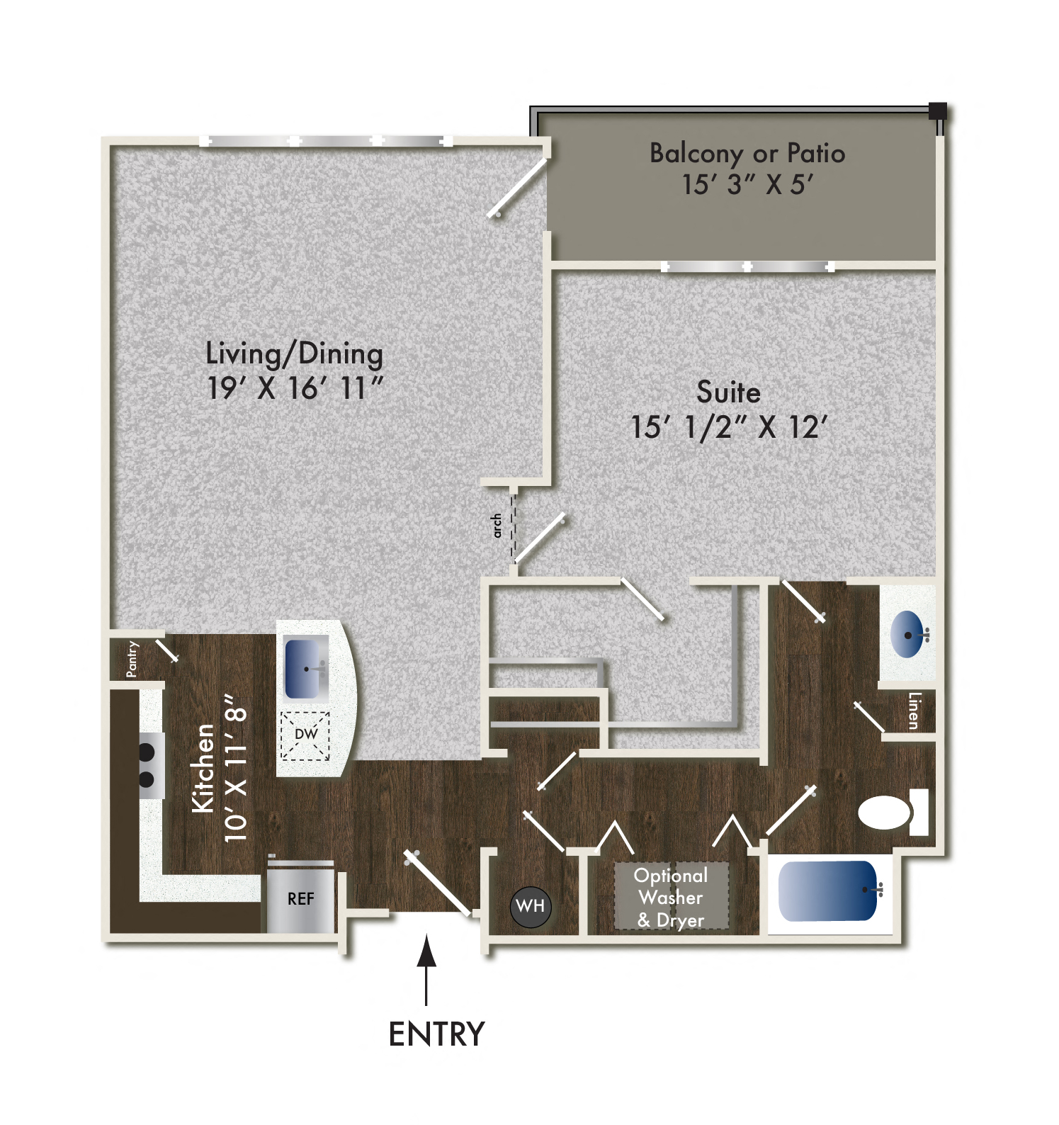Floor plan for 1 bed, 1 bath, 913 sqft