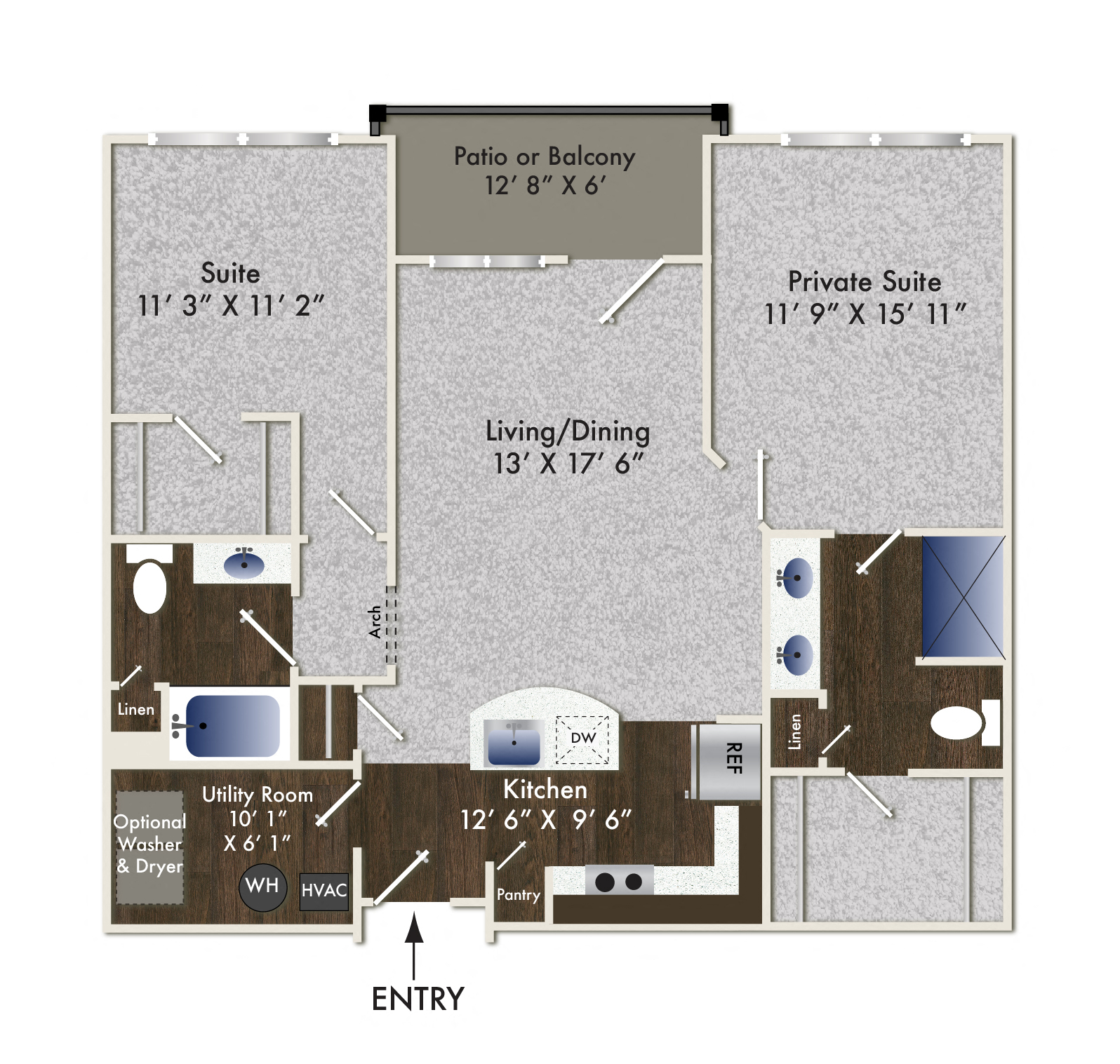 Floor plan for 2 beds, 2 baths, 1082 sqft