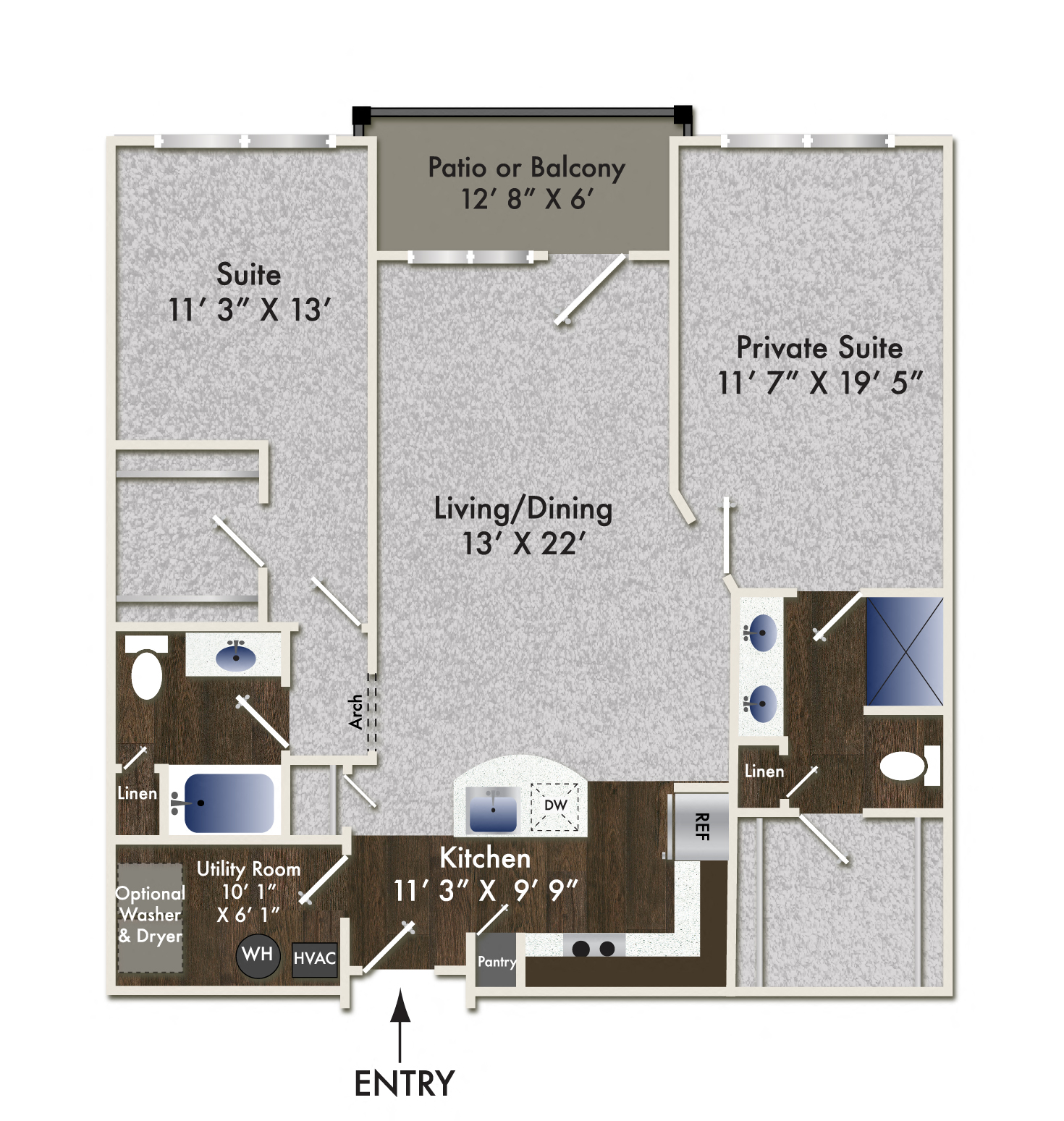 Floor plan for 2 beds, 2 baths, 1263 sqft