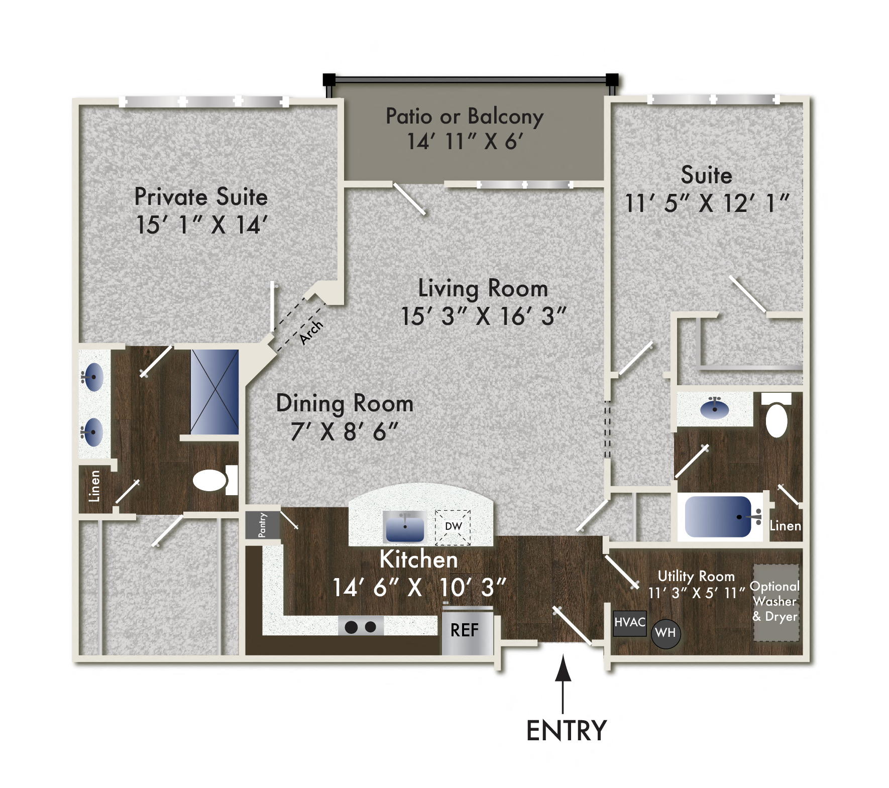 Floor plan for 2 beds, 2 baths, 1256 sqft