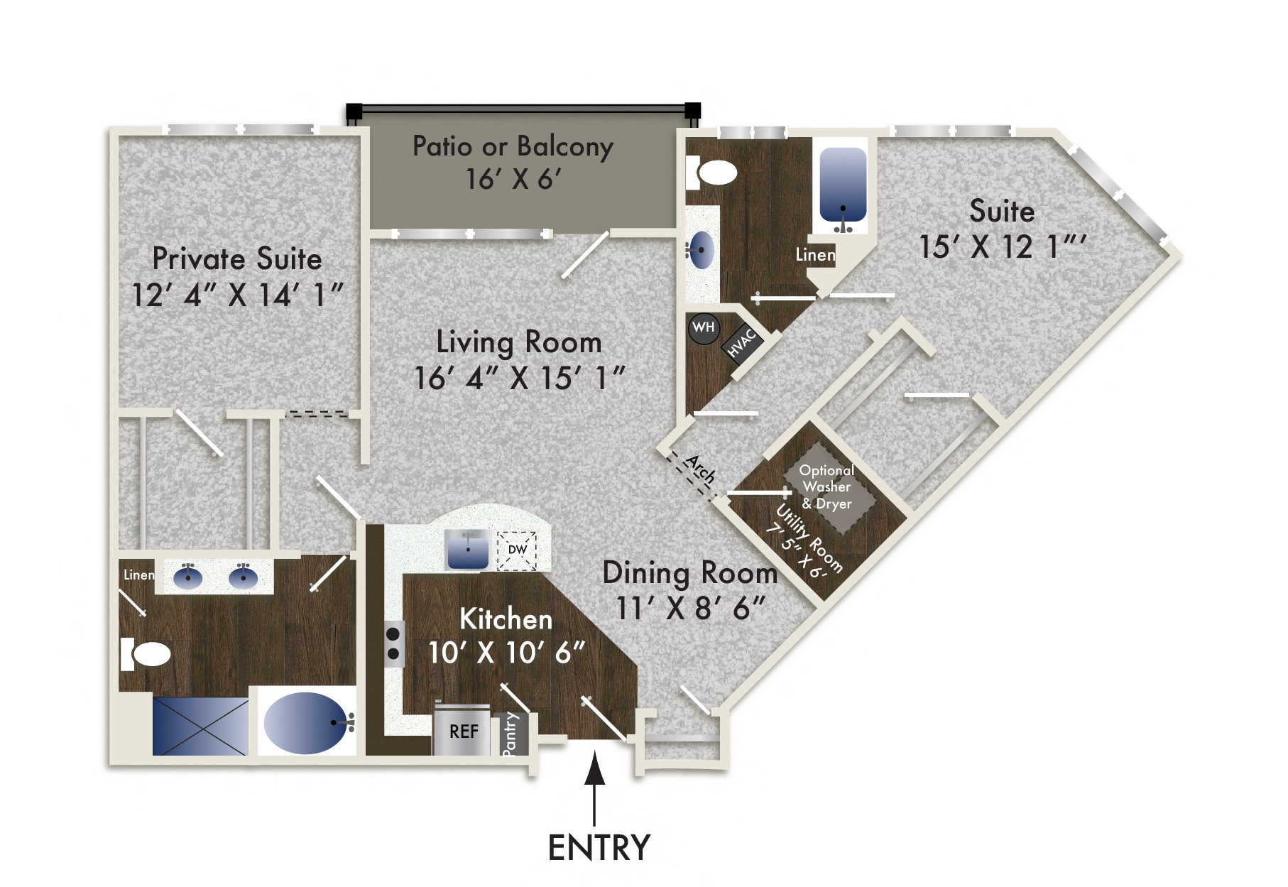 Floor plan for 2 beds, 2 baths, 1293 sqft