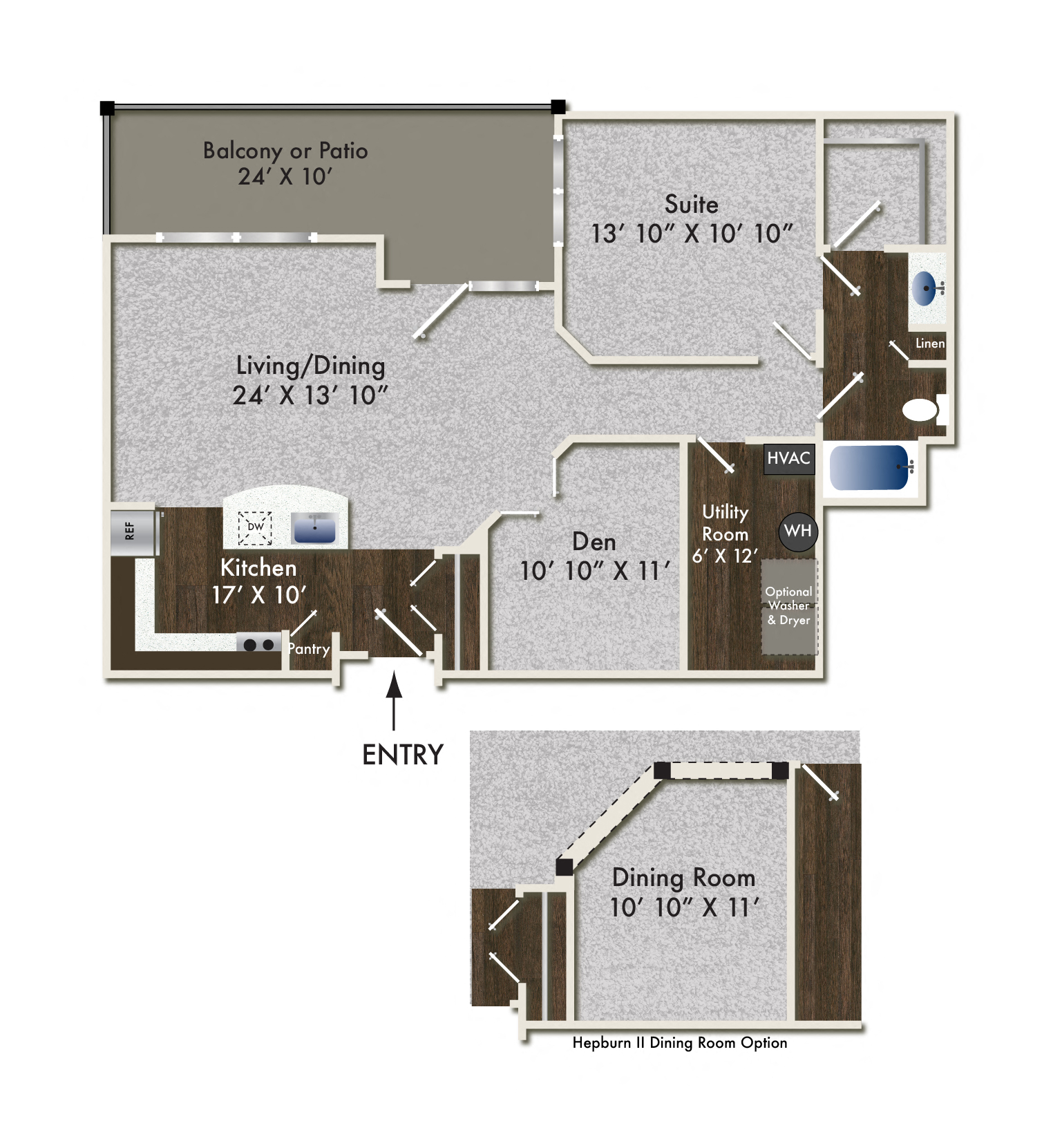 Floor plan for 1 bed, 1 bath, 1030 sqft