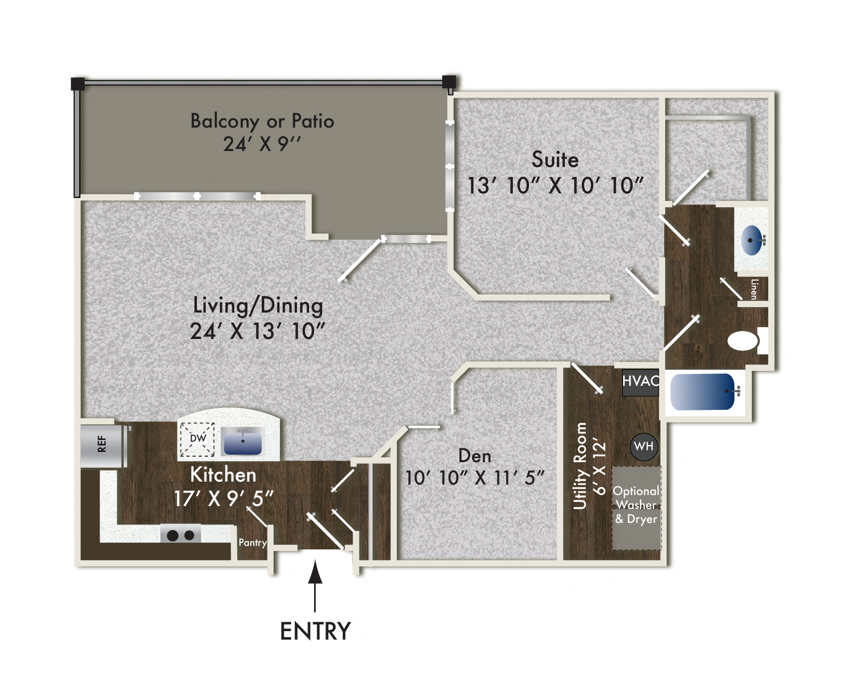 Floor plan for 1 bed, 1 bath, 1030 sqft