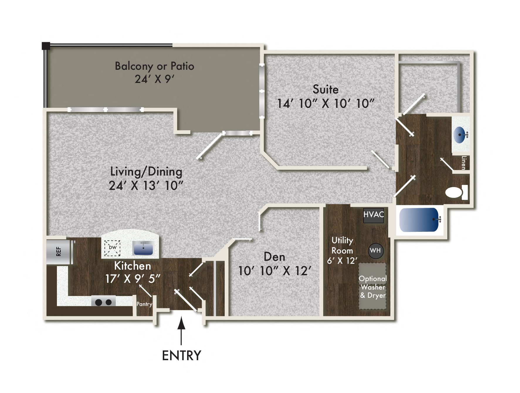 Floor plan for 1 bed, 1 bath, 1078 sqft