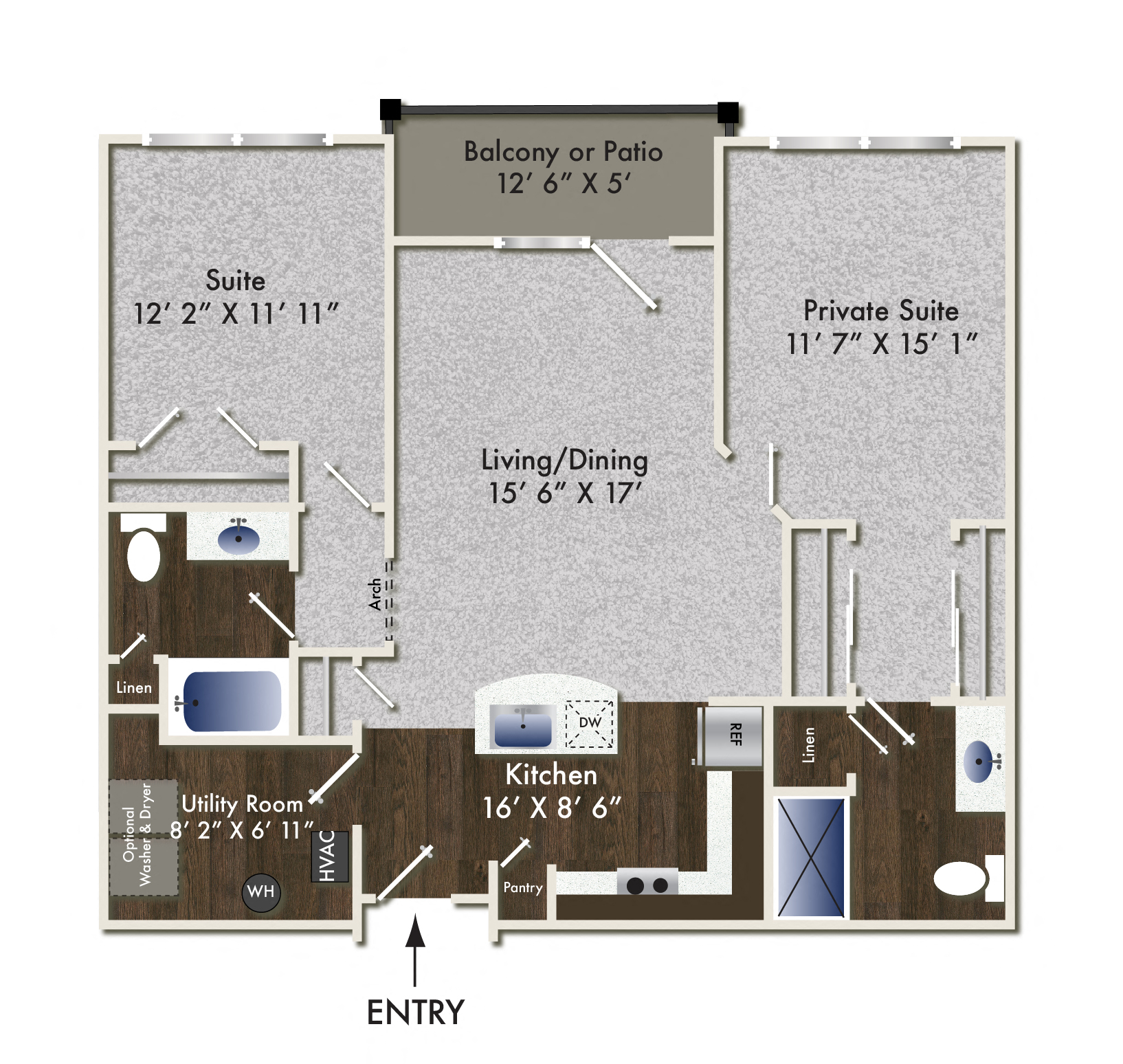 Floor plan for 2 beds, 2 baths, 1063 sqft