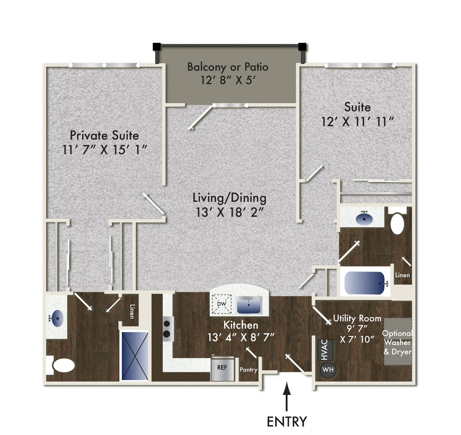 Floor plan for 2 beds, 2 baths, 1058 sqft