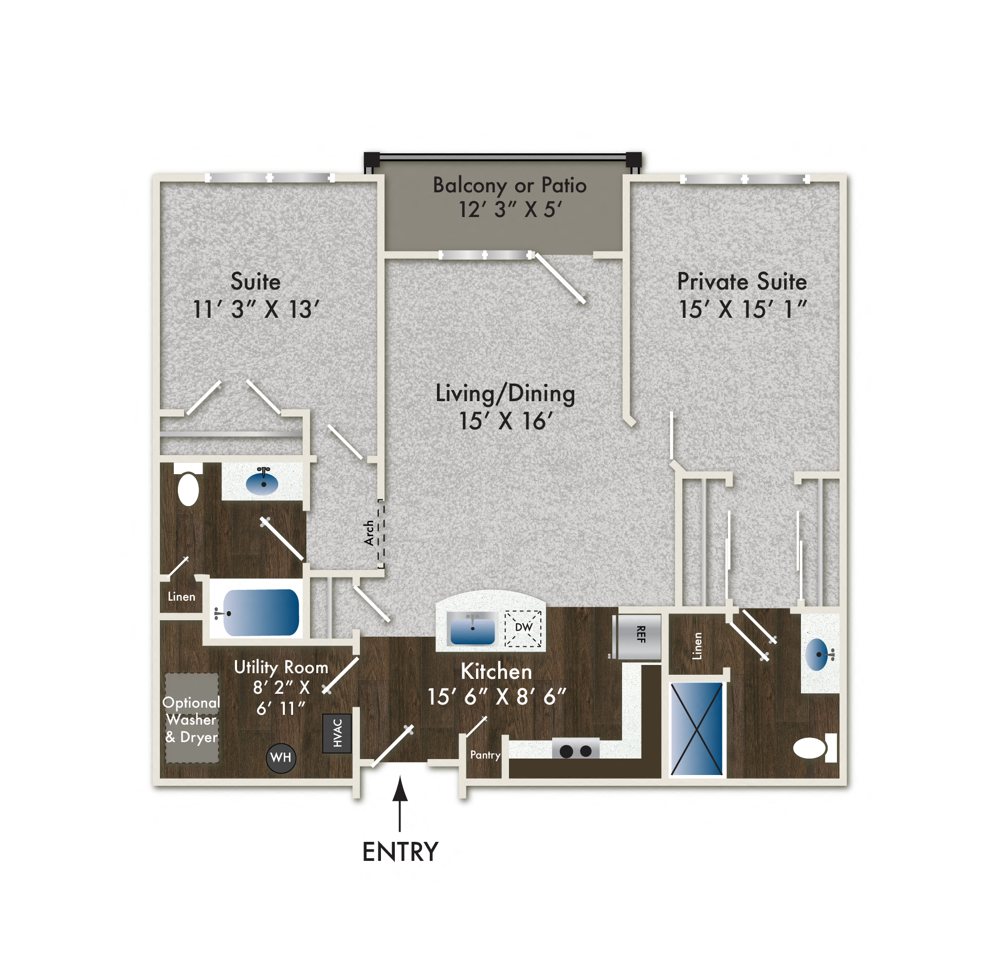 Floor plan for 2 beds, 2 baths, 1036 sqft