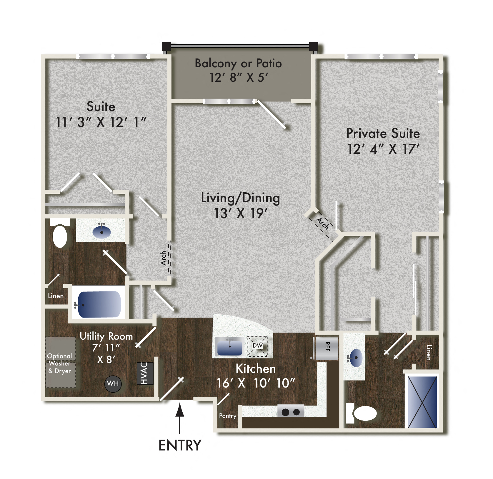 Floor plan for 2 beds, 2 baths, 1125 sqft