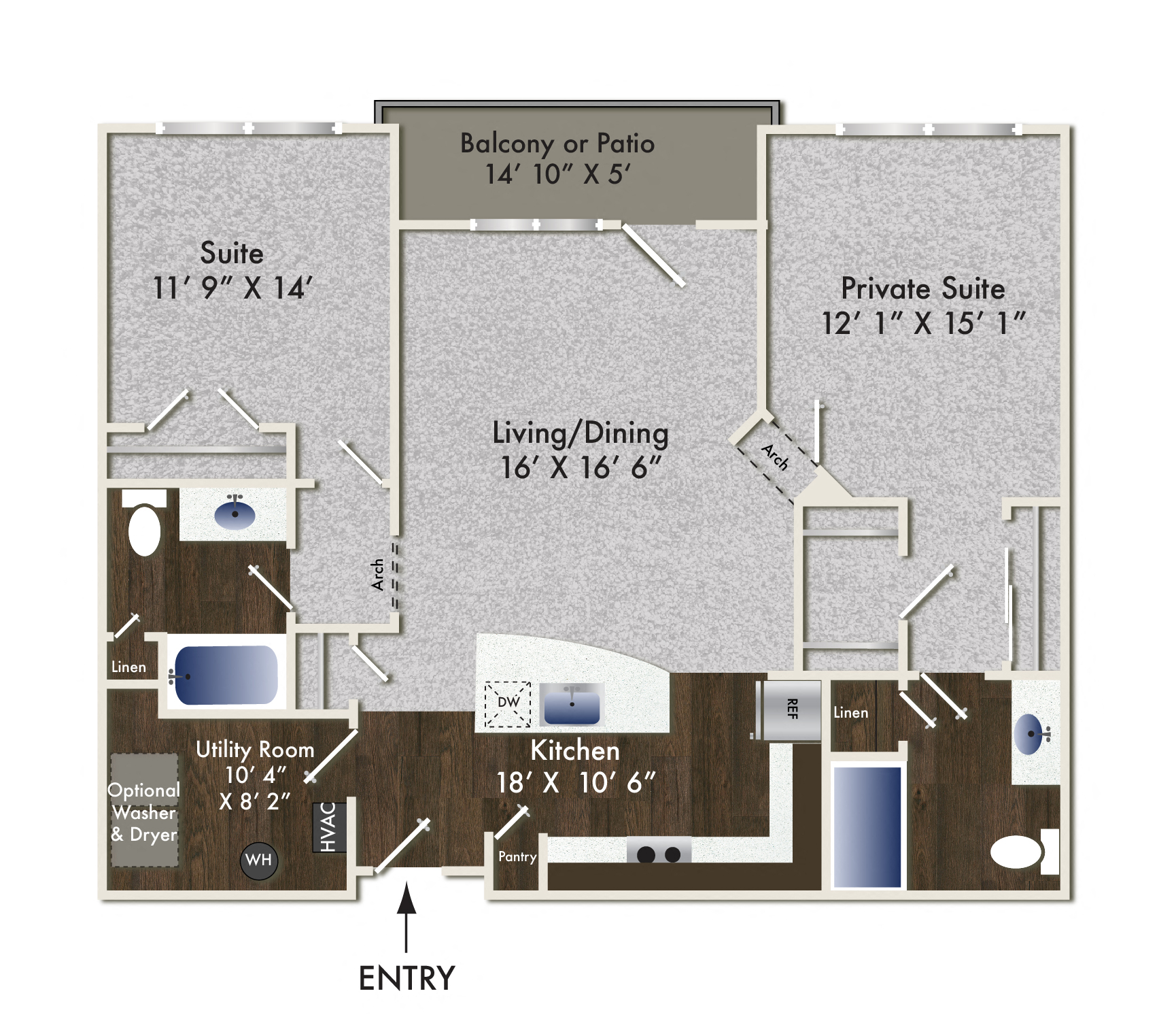 Floor plan for 2 beds, 2 baths, 1148 sqft