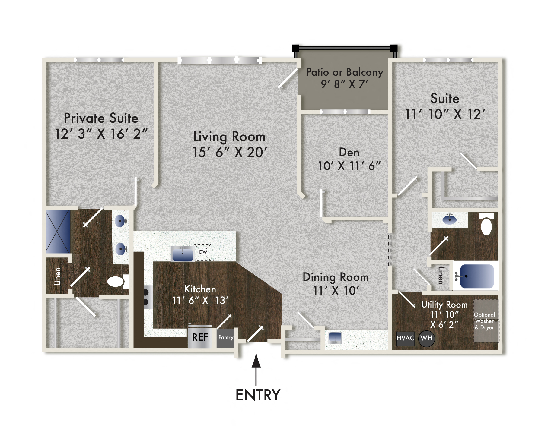 Floor plan for 2 beds, 2 baths, 1531 sqft