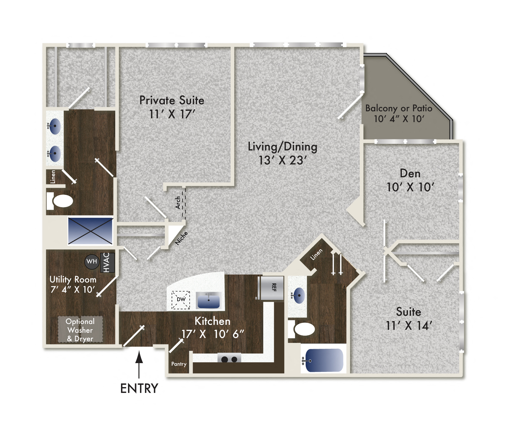 Floor plan for 2 beds, 2 baths, 1319 sqft