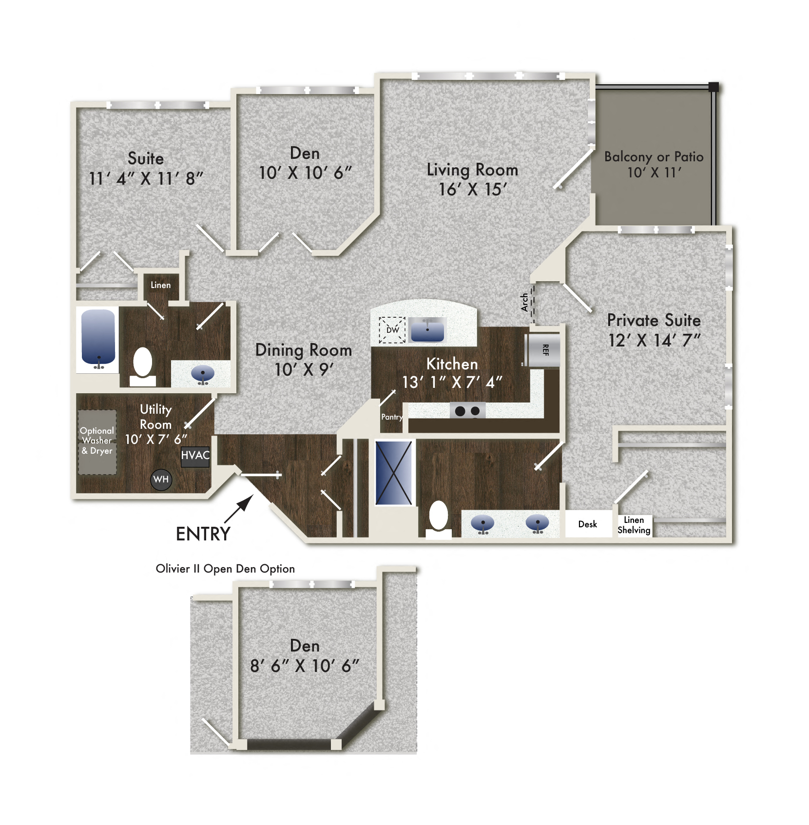 Floor plan for 2 beds, 2 baths, 1360 sqft