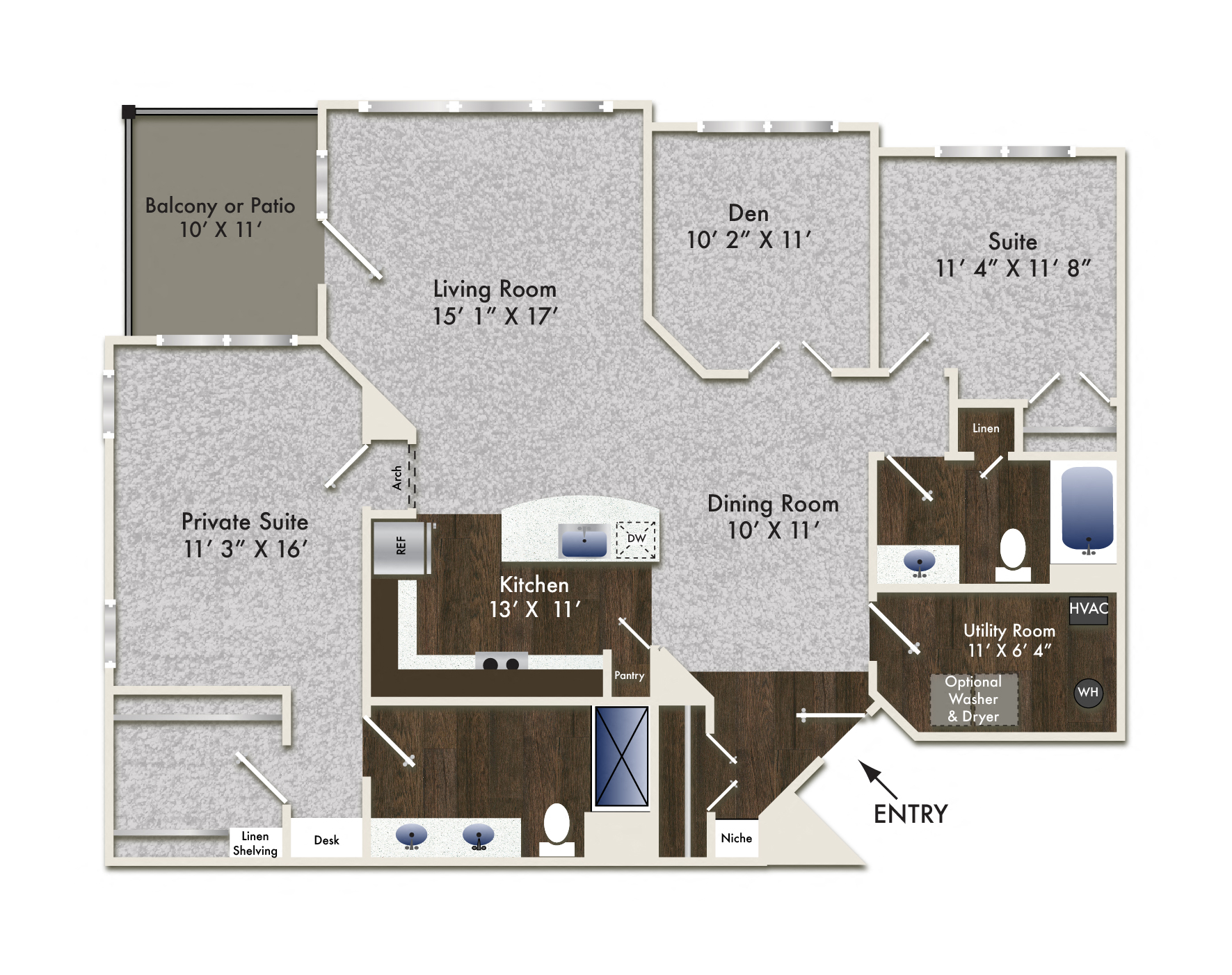 Floor plan for 2 beds, 2 baths, 1411 sqft