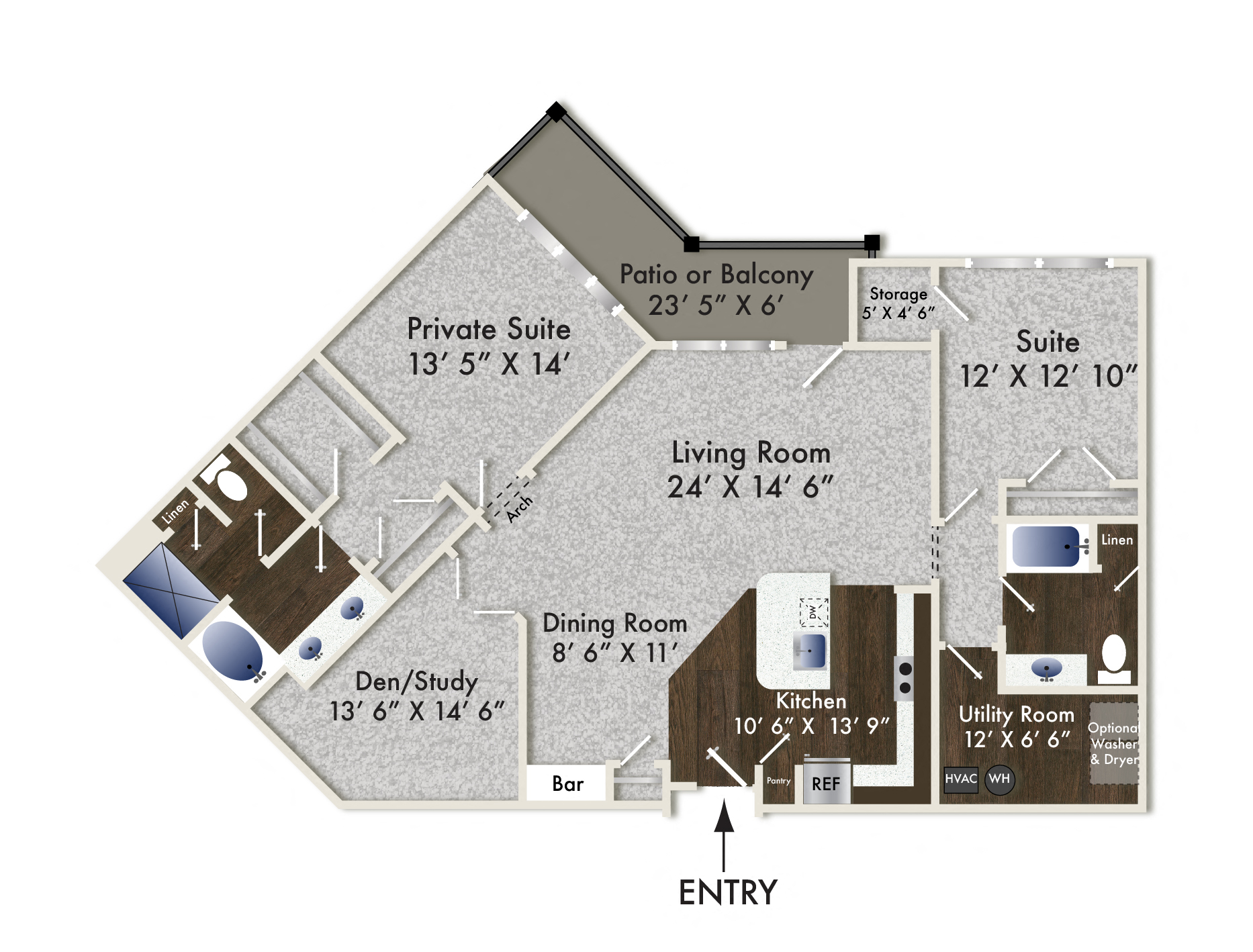 Floor plan for 2 beds, 2 baths, 1650 sqft
