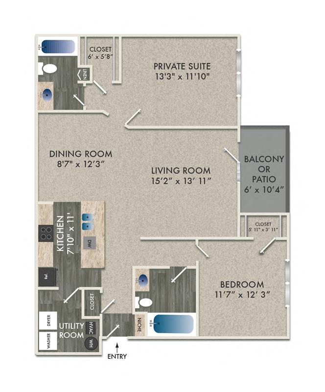Floor plan for 2 beds, 2 baths, 1136 sqft