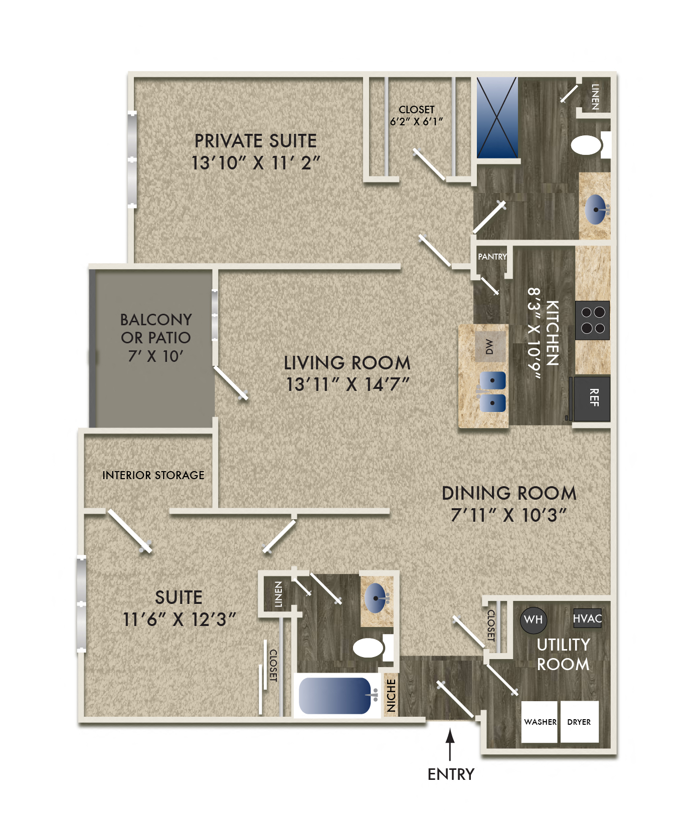 Floor plan for 2 beds, 2 baths, 1184 sqft