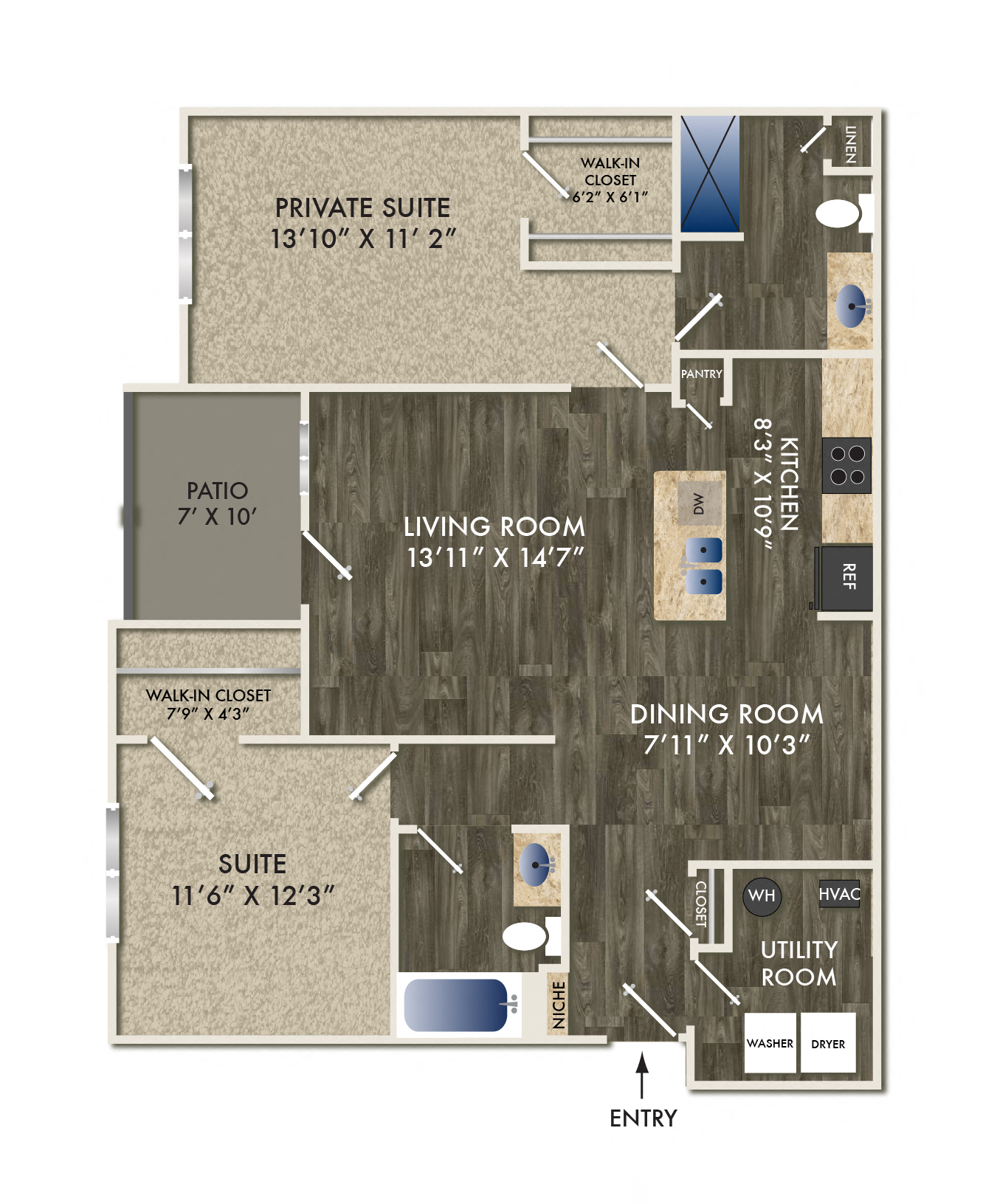 Floor plan for 2 beds, 2 baths, 1184 sqft